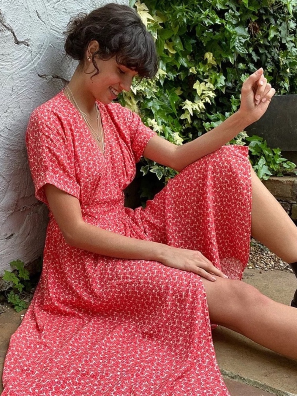 Urban Outfitter Red & White Floral Gabrielle Midi Wrap Dress Size XS